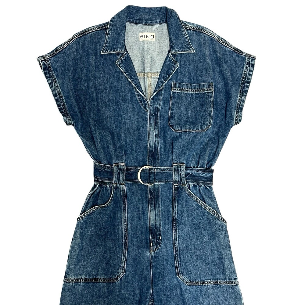 NWT ETICA Megg Utility Denim Jumpsuit Women's Large Dark Blue Belted Belt Pocket - Picture 3 of 13